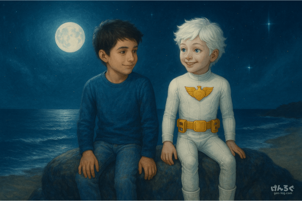 Omiとピーターが浜辺の岩に座って会話しているイラスト