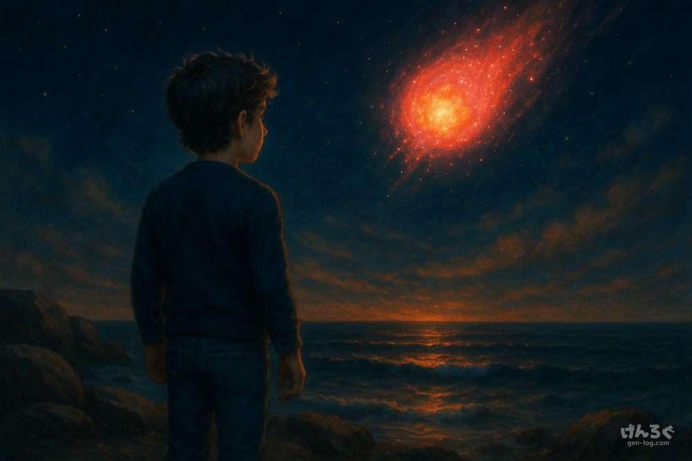 夕暮れ時、Omiの乗るUFOを見上げるピーター