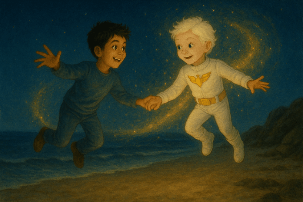 Omiとピーターが宙を飛ぶイラスト