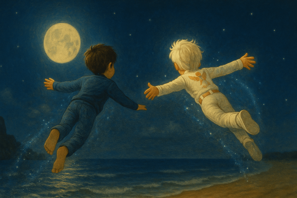 Omiとピーターが宙を飛ぶイラスト（バックショット）