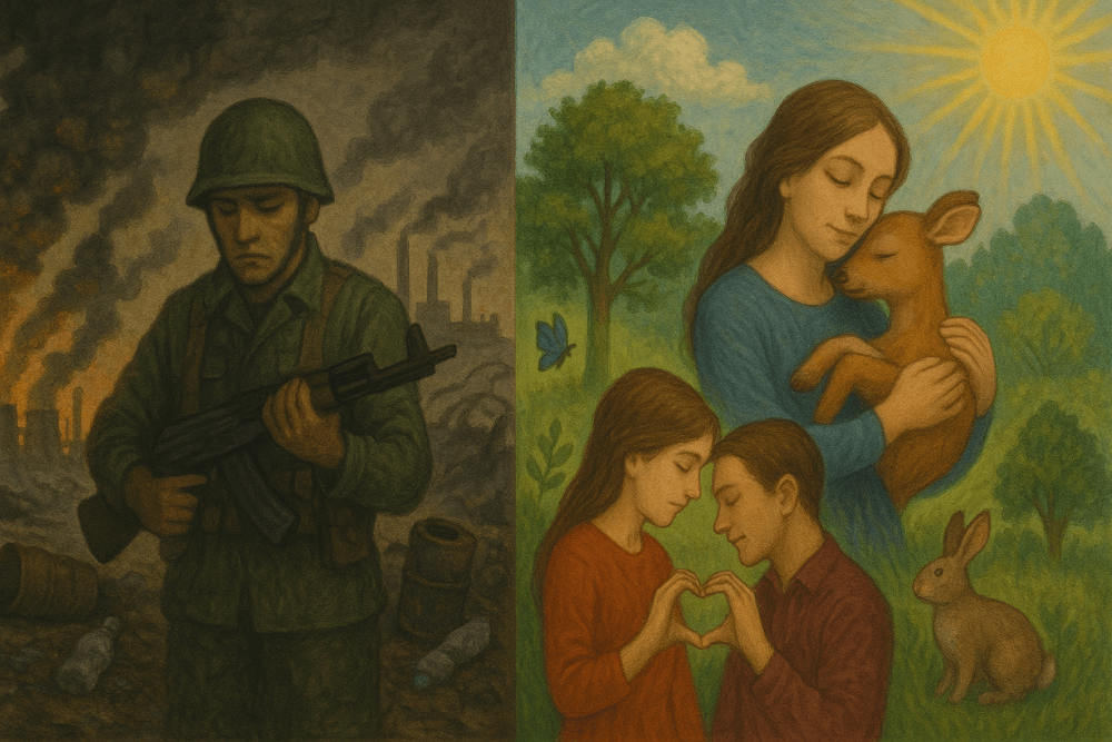 戦争・公害・地球温暖化と自然・動物・愛のコントラストを表現したイラスト