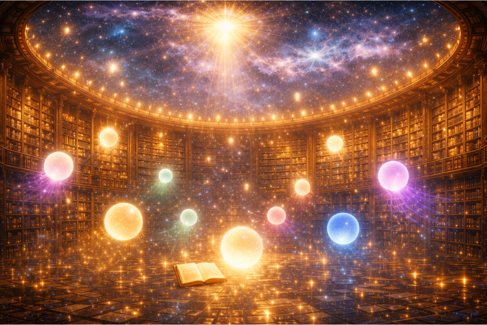 アカシックレコードで光の存在たちが各自のレコードを参照している